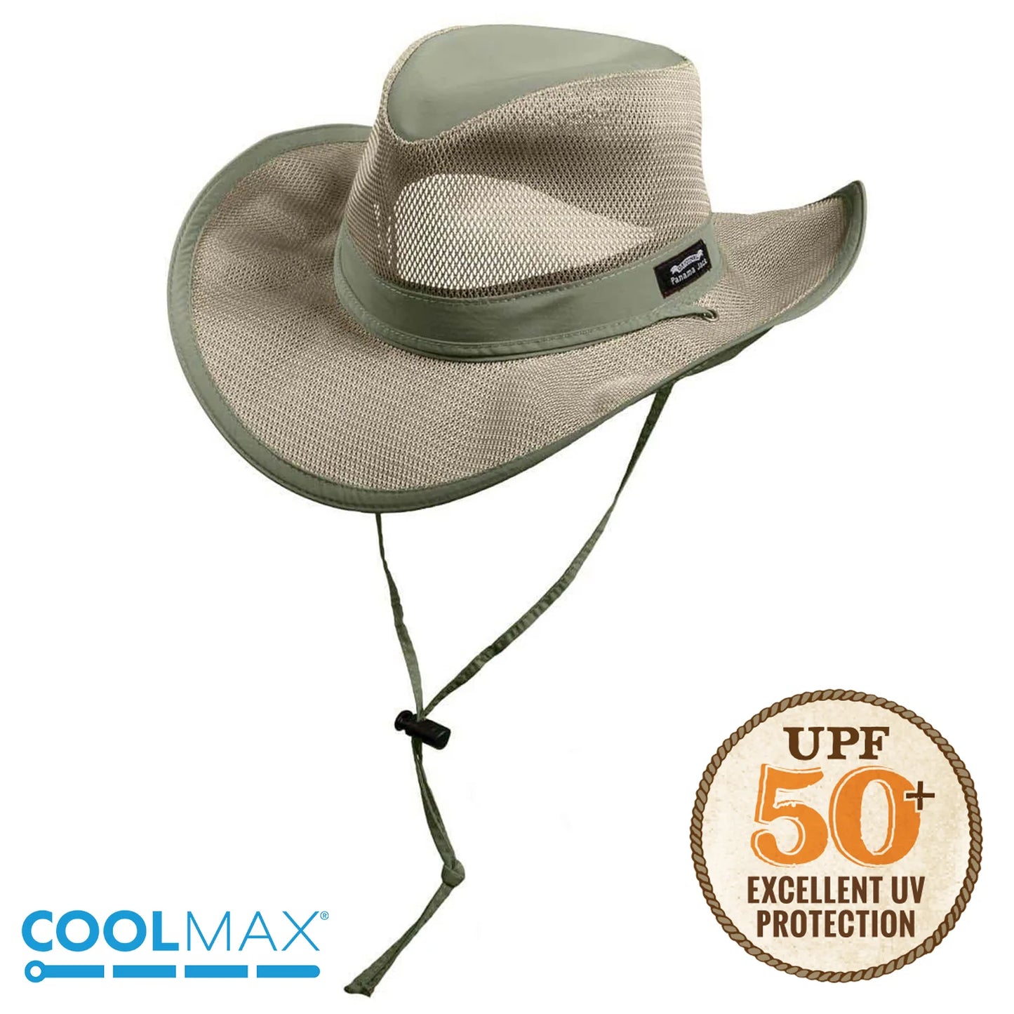 B "Panama Jack" Mesh Crown Outback Men's Sun Hat, 3" Brim, Adjustable Chin Cord, UPF (SPF) 50+ Protection