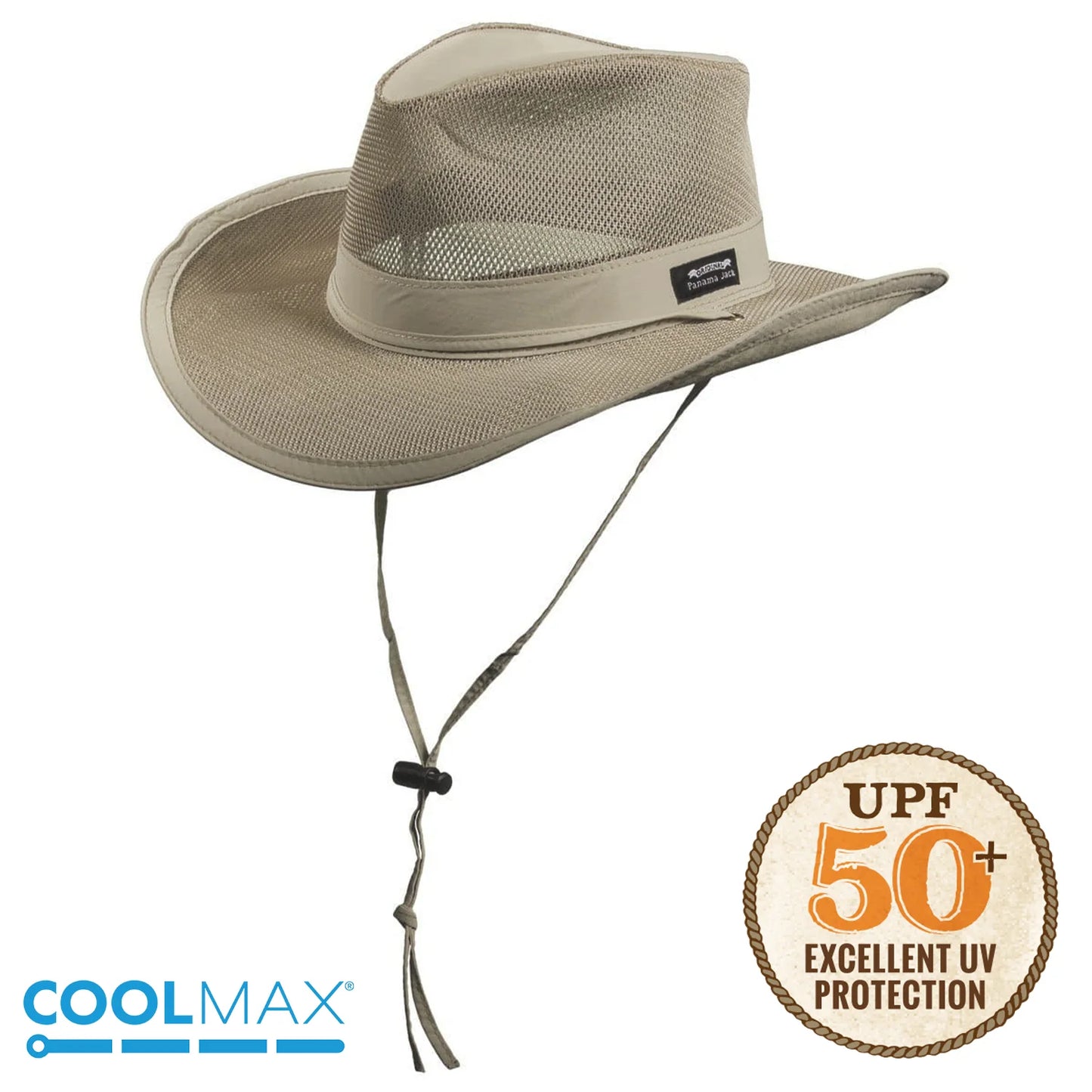 B "Panama Jack" Mesh Crown Outback Men's Sun Hat, 3" Brim, Adjustable Chin Cord, UPF (SPF) 50+ Protection