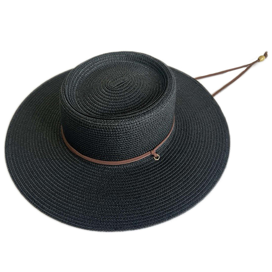 C- Jeanne Simmons Paper Braid Straw Gambler Crown Sun Hat, Leatherette Braided Chin Cord, 4" brim, Style# 8607