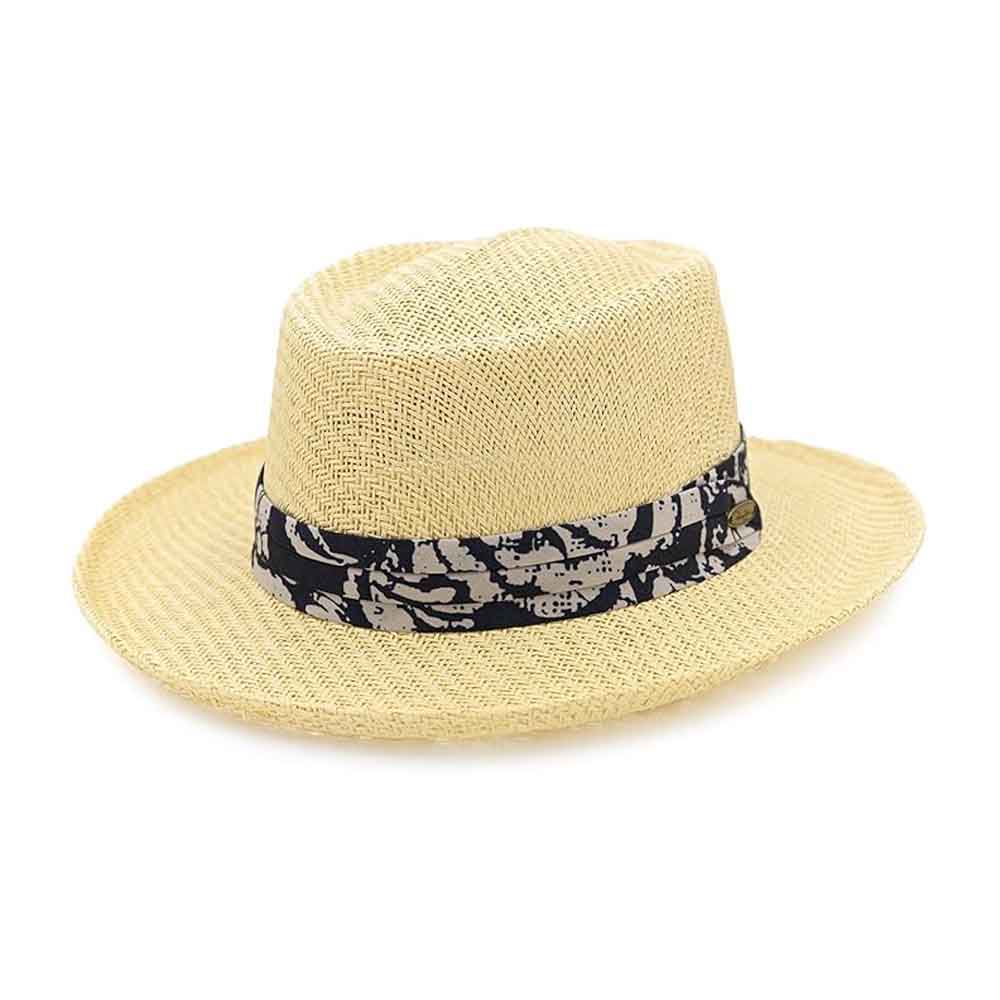B "Panama Jack Gambler Straw Hat - Lightweight, 3" Big Brim, Inner Elastic Sweatband, 3-Pleat Ribbon Hat Band