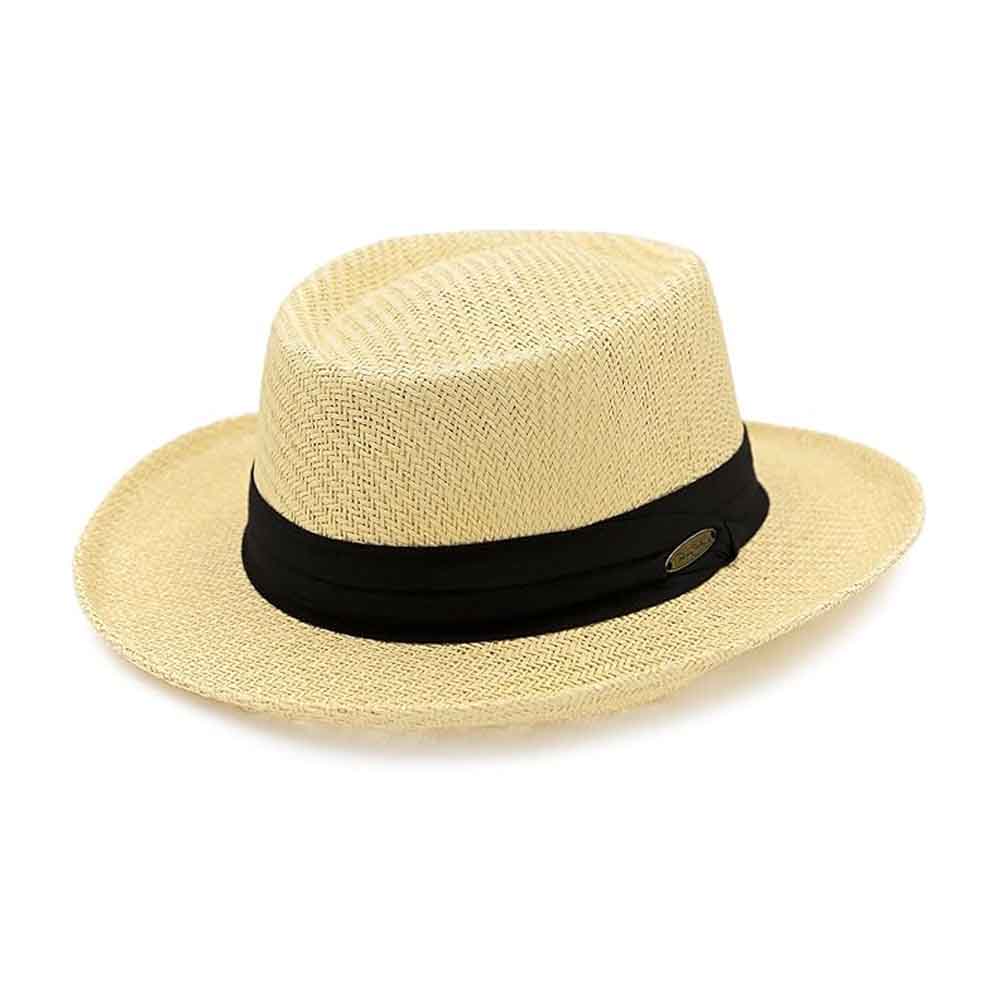 B "Panama Jack Gambler Straw Hat - Lightweight, 3" Big Brim, Inner Elastic Sweatband, 3-Pleat Ribbon Hat Band