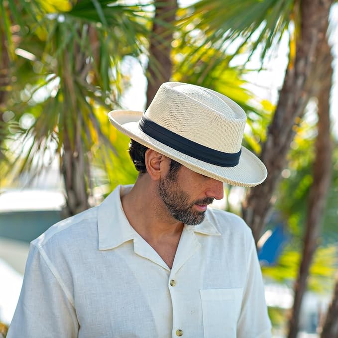B "Panama Jack Gambler Straw Hat - Lightweight, 3" Big Brim, Inner Elastic Sweatband, 3-Pleat Ribbon Hat Band