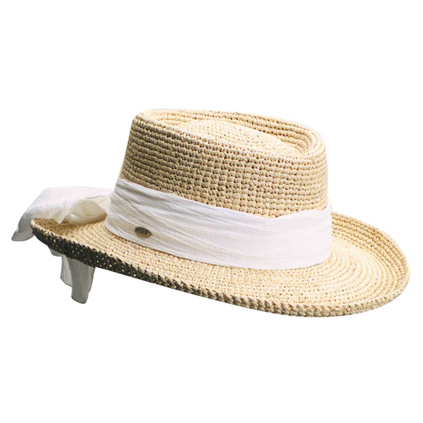 C- Scala Women's "MANAROLA" Hand Crocheted Raffia Gambler Sun Hat, #LR241OS