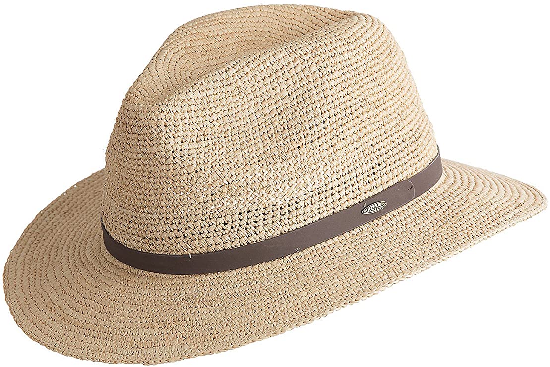 Scala Men's Fine Crochet Raffia Safari Hat with Leather Band, Style#MR42 Natural / L/XL 7-1/4 - 7-5/8