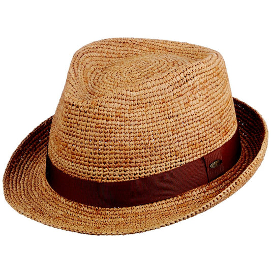 B Scala Fine Hand Crocheted Raffia Weaved Fedora, Style# Coba, MR194OS, 2"Brim, Color Tea