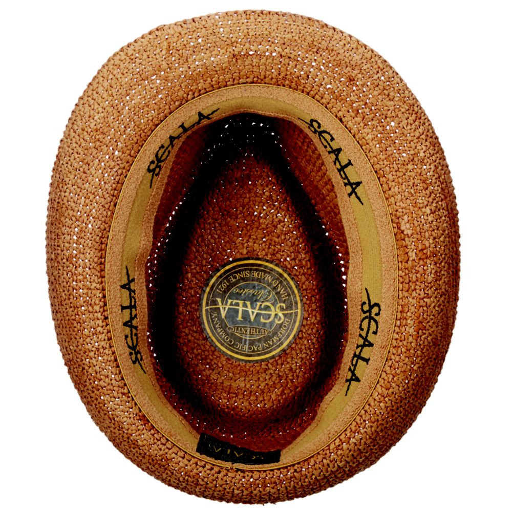 B Scala Fine Hand Crocheted Raffia Weaved Fedora, Style# Coba, MR194OS, 2"Brim, Color Tea