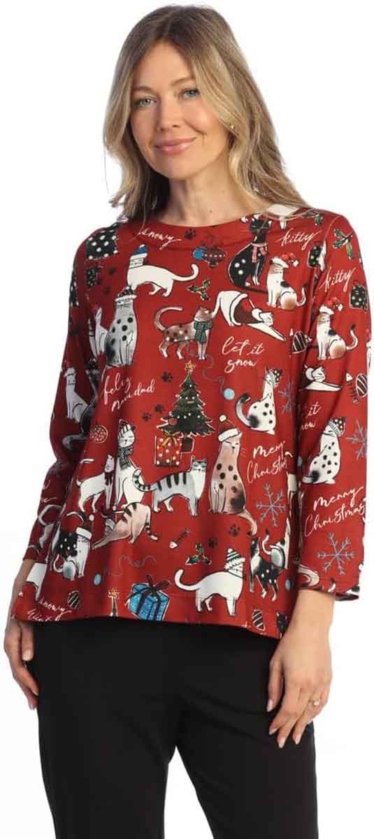 D Jess & Jane Women's CHRISTMAS CAT Brushed Hacci Tunic Top, Style#JK1-2240