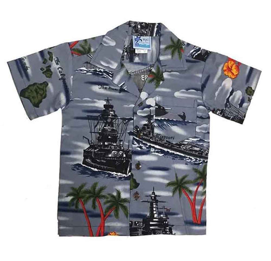 KALAHEO/RJC Youth Novelty Battleships Hawaiian Shirt, Style# CRK577