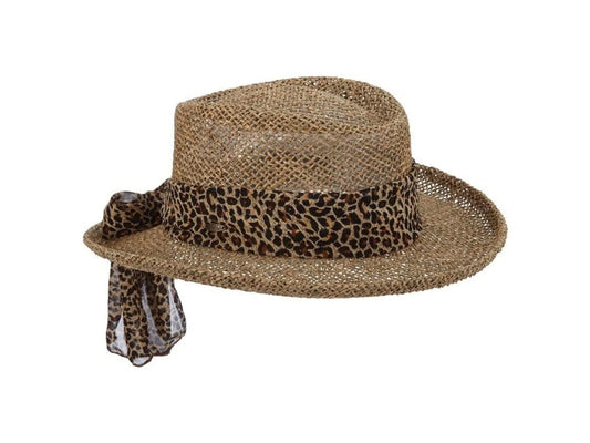 C-"ETNA" Twisted Women's Seagrass Gambler Hat w/ Animal Print Scarf by Scala, #LS106