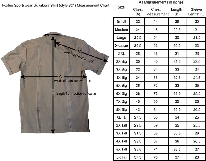 Foxfire guayabera shirt size guideline