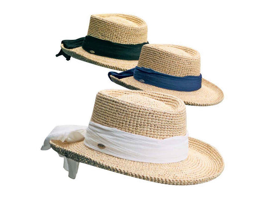 C- Scala Women's "MANAROLA" Hand Crocheted Raffia Gambler Sun Hat, #LR241OS